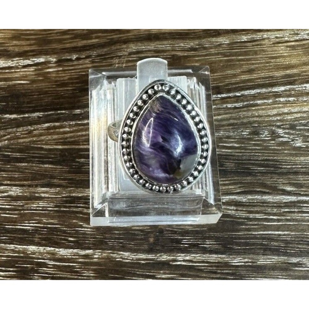 Native Southwest Style Sterling Charoite Teardrop Beaded Edge Ring 7.5